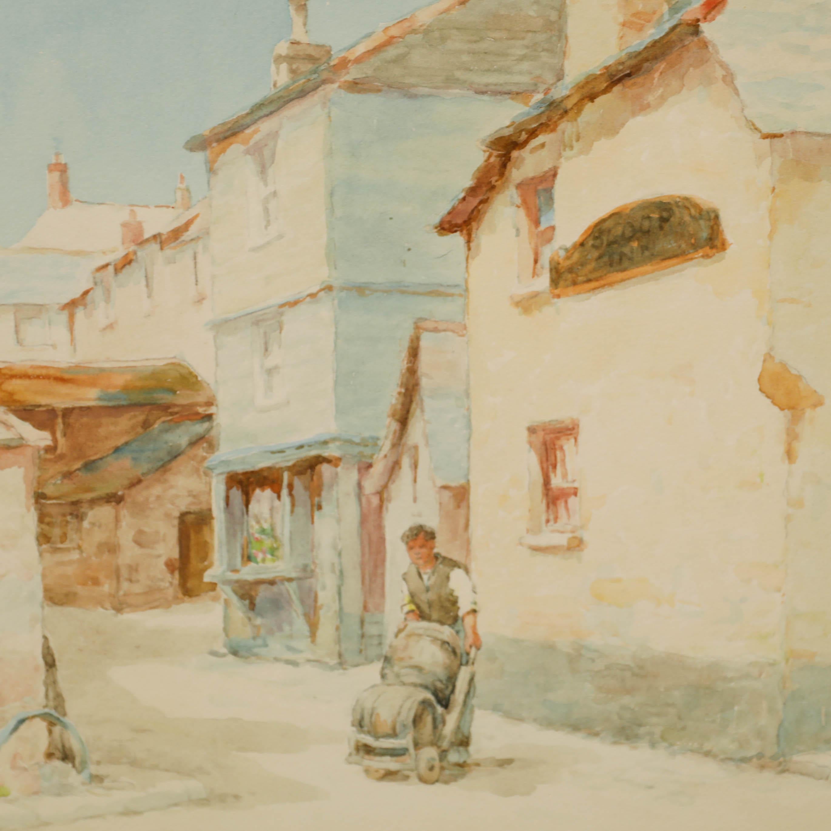 This charming watercolour captures the quaint atmosphere of a seaside village, with its clustered white-washed cottages and winding lanes. The composition draws the eye to a central figure pushing a cart of barrels to a local pub.

Signed. Presented