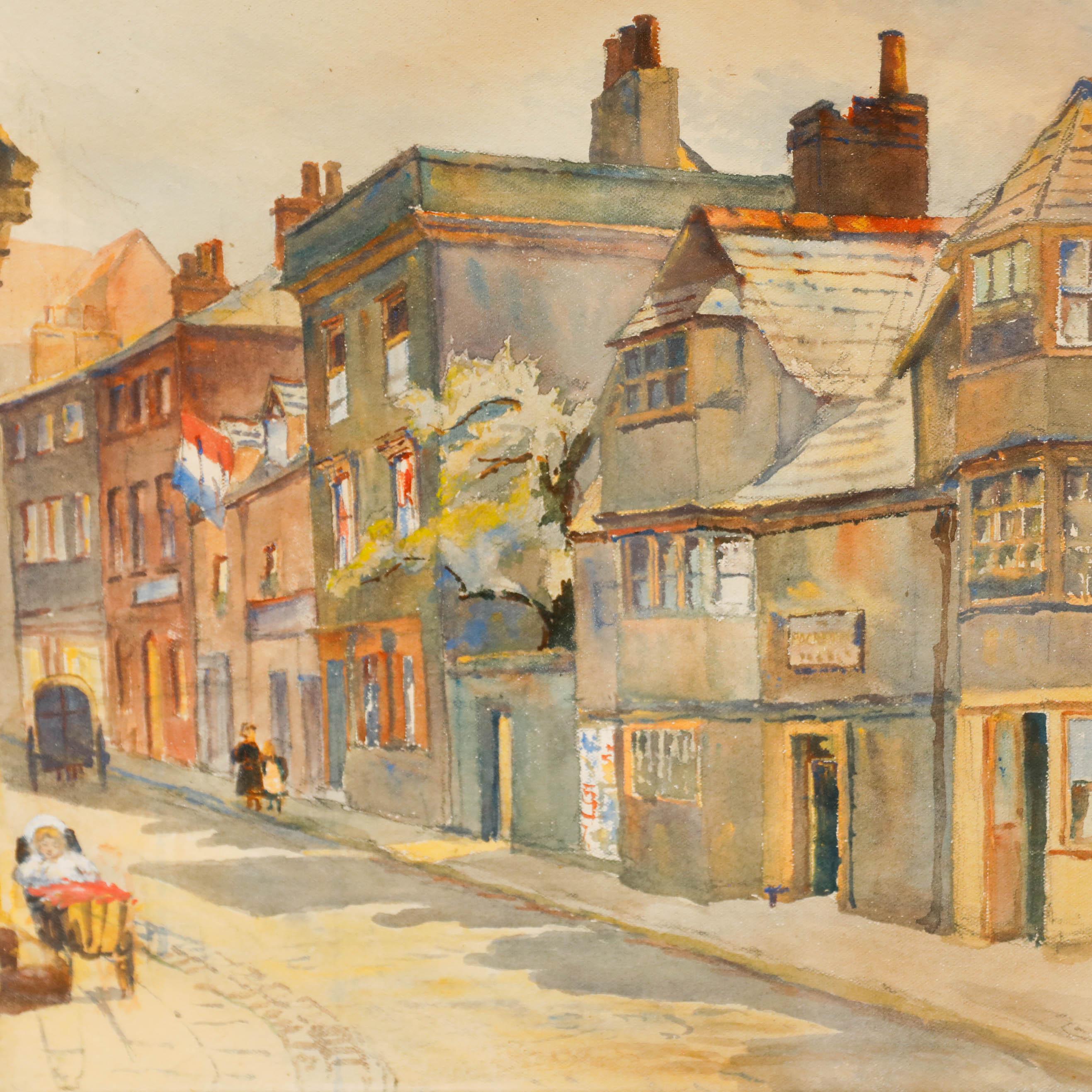 Street scene, reputedly George St, Oxford. Watercolour on canvas paper. Signed and dated (1893) to the lower right. Presented in an antique gilt frame with wonderful patina. With later inscriptions verso. 