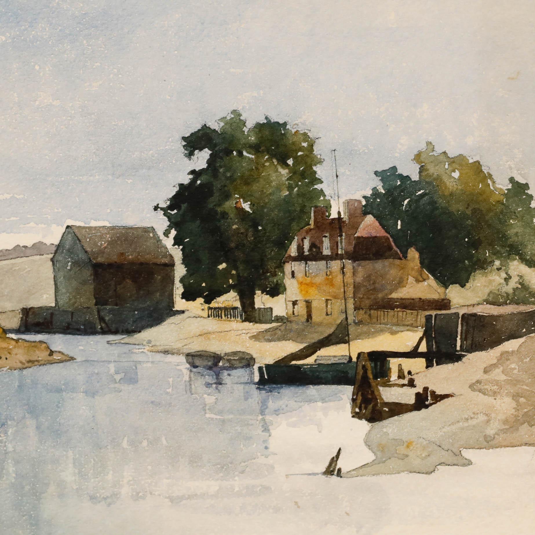 Mündungsszene mit Bootshaus und Häuschen im Vordergrund, Aquarell auf Papier. Nicht signiert. James Chisholm Gooden (fl.1835-1875) zugeschrieben. In einem Passepartout mit Waschung und vergoldetem Rahmen mit einem Etikett der Fry Gallery auf der