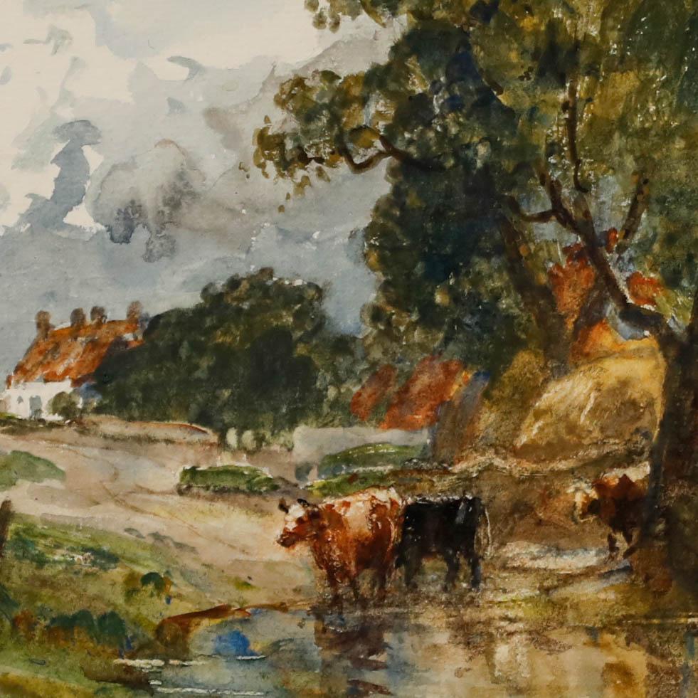Ein charmantes Aquarell, das Kühe beim Tränken in einem seichten Bach vor einer ländlichen Landschaft zeigt. Unterschrieben. Präsentiert in einem vergoldeten Rahmen und doppeltem Passepartout. Auf dem Papier.