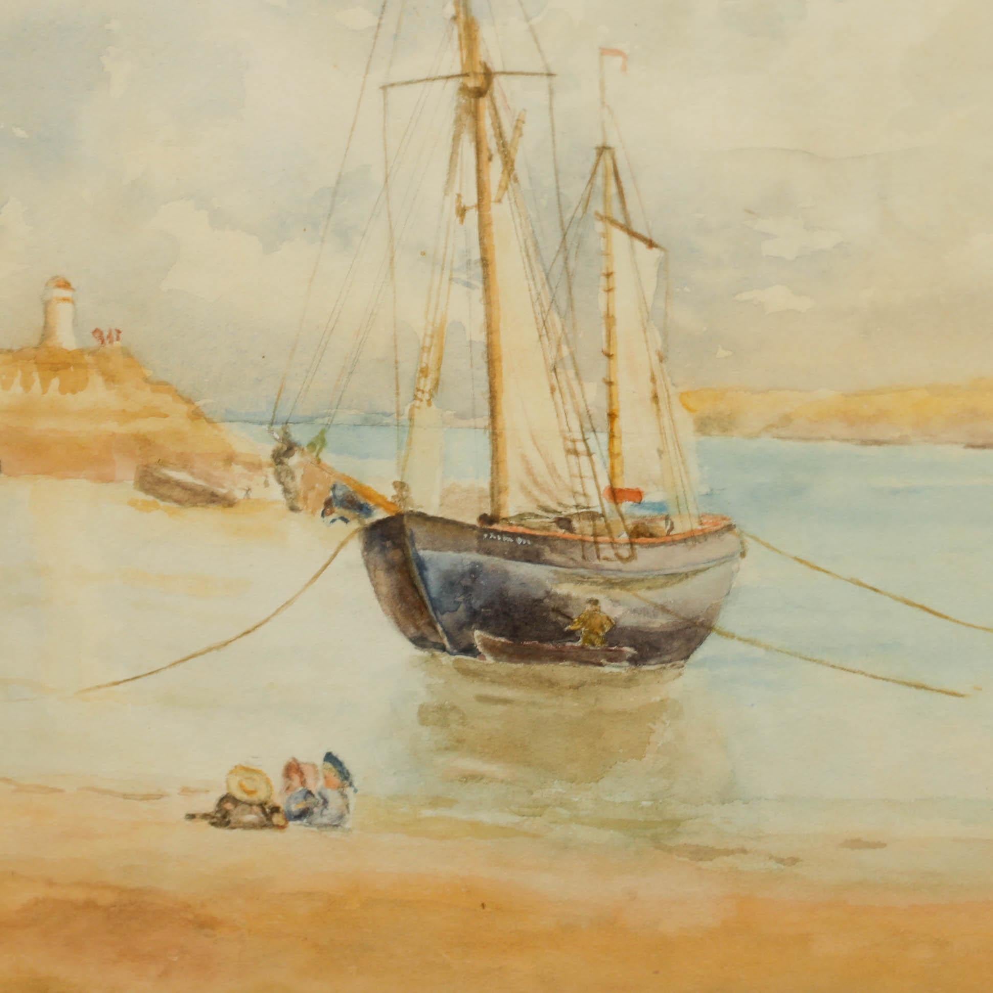 A charming watercolour depicting children sitting on the shoreline waiting for a fishing boat to come in from sea. Unsigned. Presented in a gilt frame and gold card mount. On paper.