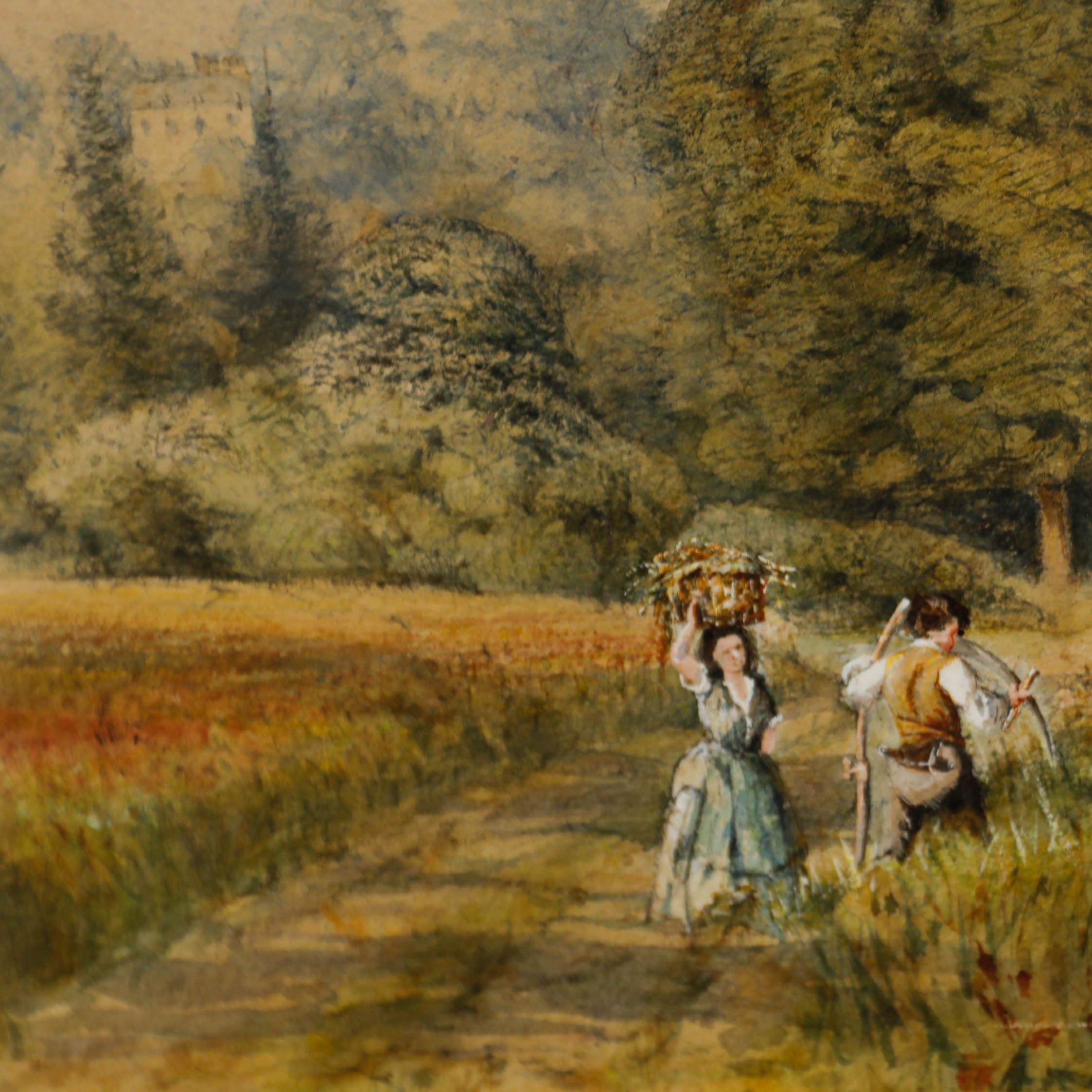 Ein kompliziertes Aquarell von Feldern in der Nähe von Edgbaston Pool mit Landleuten im Vordergrund. Man sieht eine männliche Figur, die eine scharfe Sense hält, während die Frau einen großen Korb mit Schnittgut auf dem Kopf balanciert. Das Aquarell