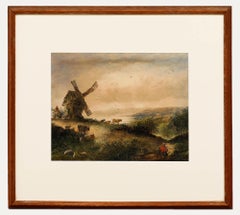 Acuarela del siglo XIX - Ganado junto al molino de viento