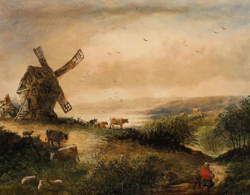 Acuarela del siglo XIX - Ganado junto al molino de viento - Art de Unknown