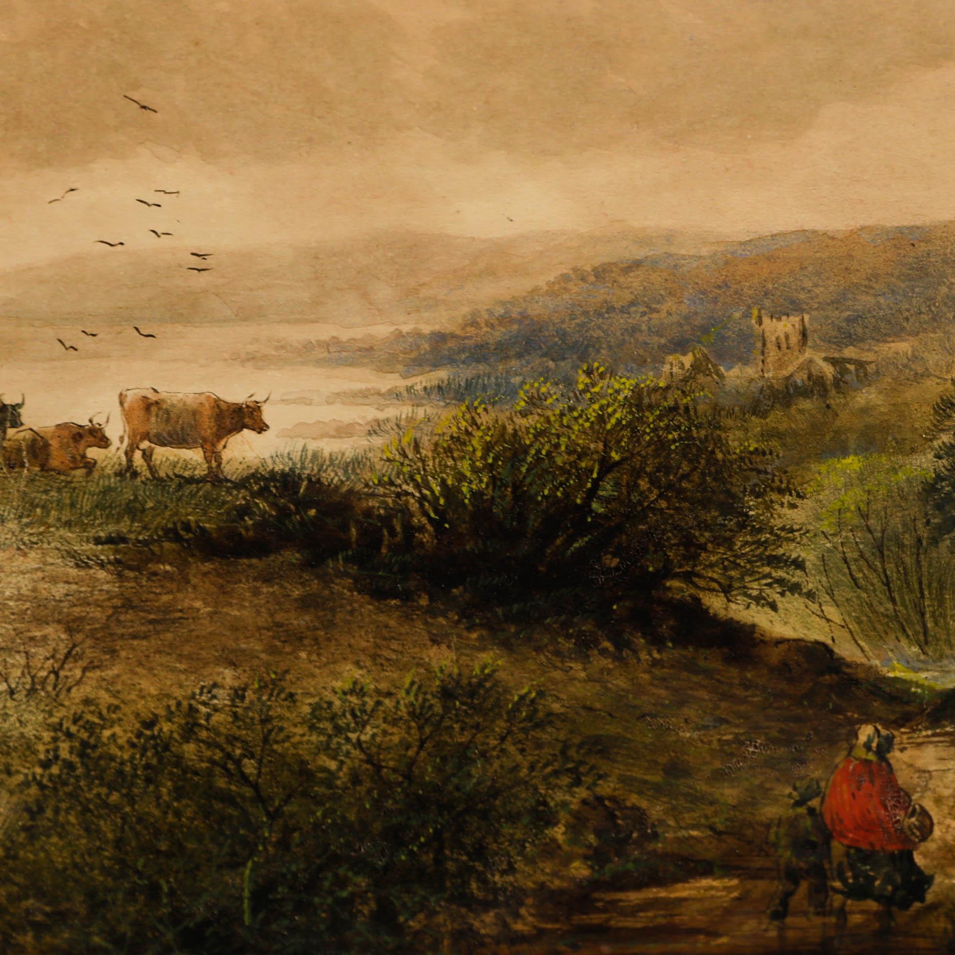 Esta escena pastoral capta el encanto rústico de un paisaje rural, con un molino de viento desgastado como punto focal sobre un cielo cálido y brumoso. La composición del cuadro equilibra hábilmente el prominente molino de viento con detalles más