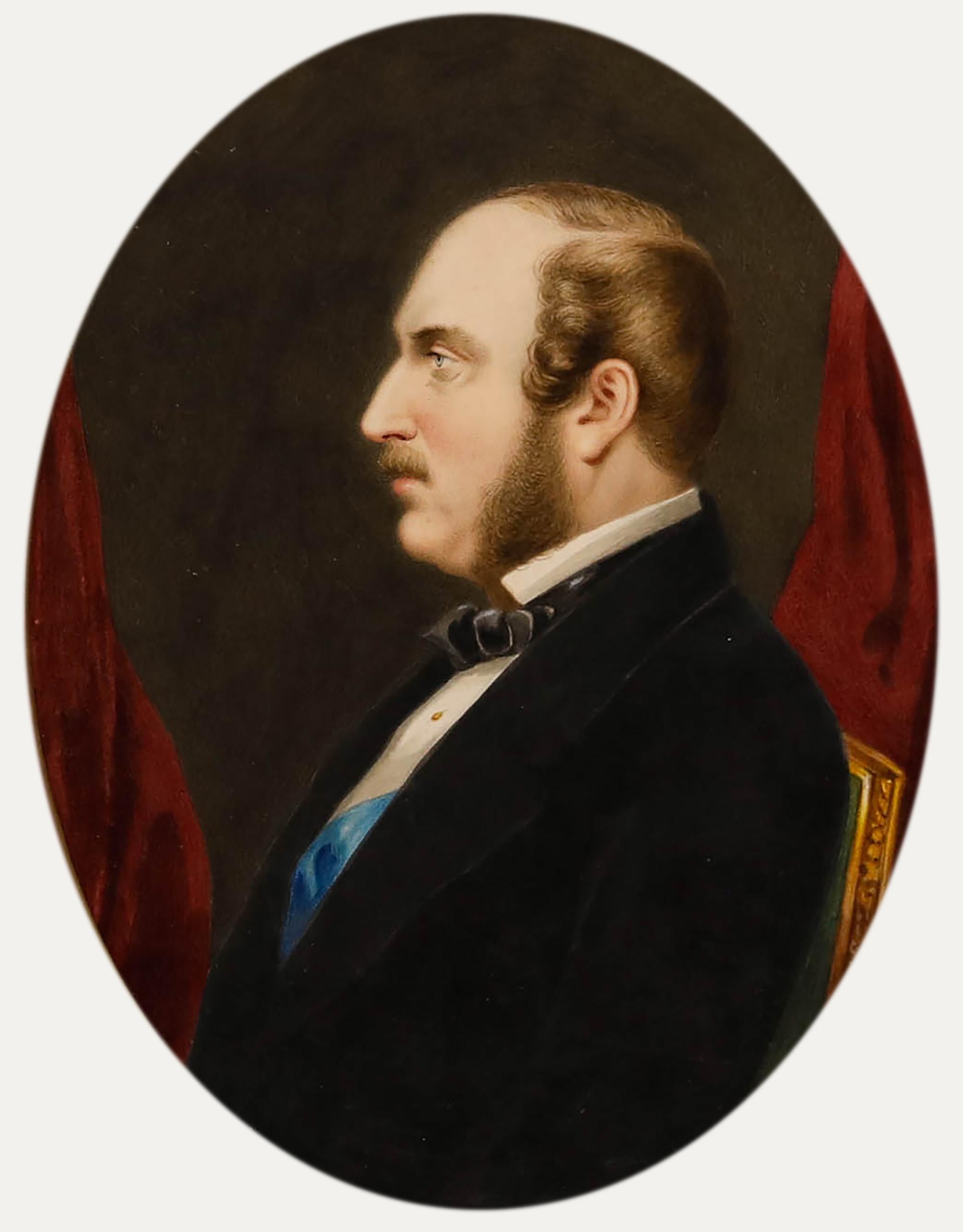 This elegant oval portrait captures a handsome Prince Albert, seated in profile. The artist has captured the sitter with meticulous detail, delicately rendering the subject's facial features and evening attire. The portrait has been beautifully