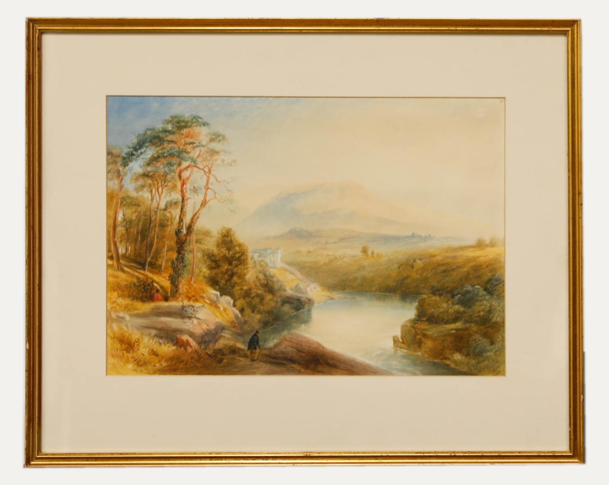Aquarelle du 19e siècle encadrée - Un point de vue rocheux
