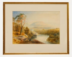 Aquarelle du 19e siècle encadrée - Un point de vue rocheux