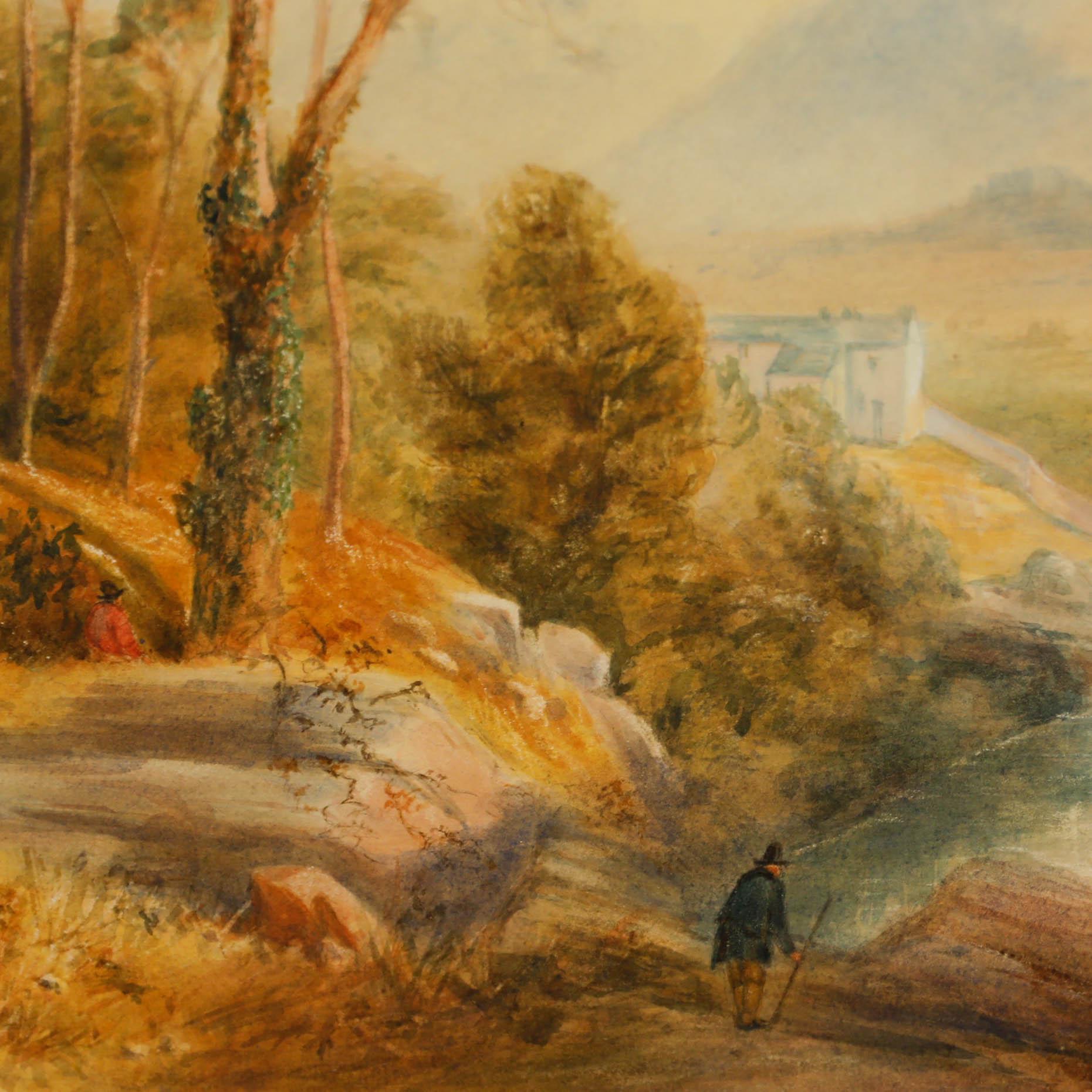 Un paysage rural serein avec une rivière sinueuse qui traverse des collines ondulantes et des montagnes lointaines. La composition attire le regard des détails de premier plan des arbres et des personnages vers un arrière-plan brumeux. L'aquarelle a