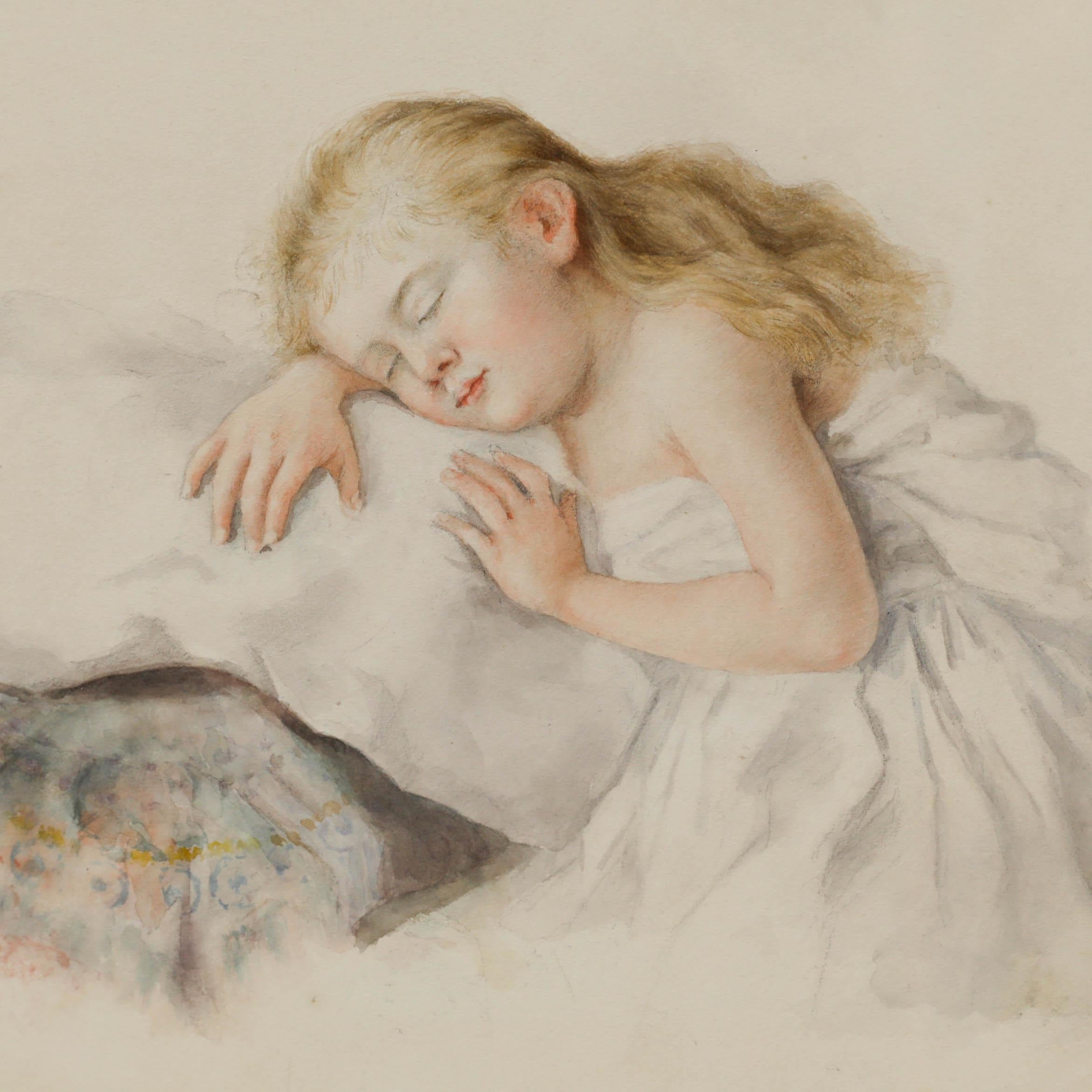 Cette œuvre d'art délicate capture le moment tendre d'un enfant endormi, dans des tons doux et feutrés qui évoquent une qualité onirique. Non signée. Présenté dans un cadre doré. Sur le papier. 
