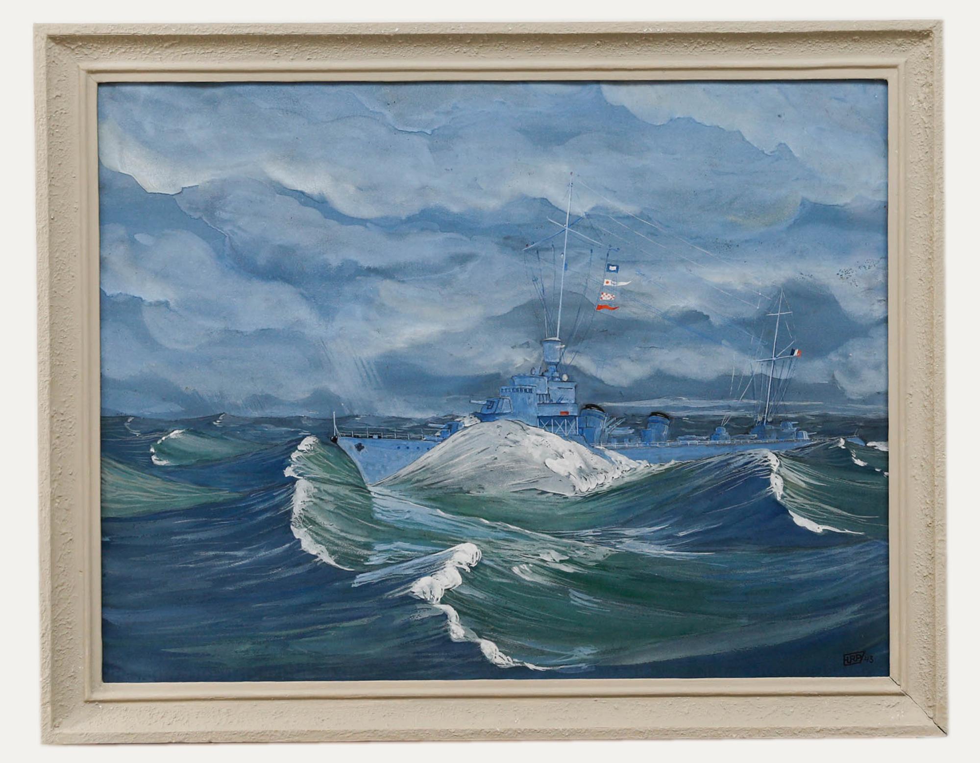 Unknown Figurative Art - French School  1943 Gouache - Torpedo Boat in The Storm