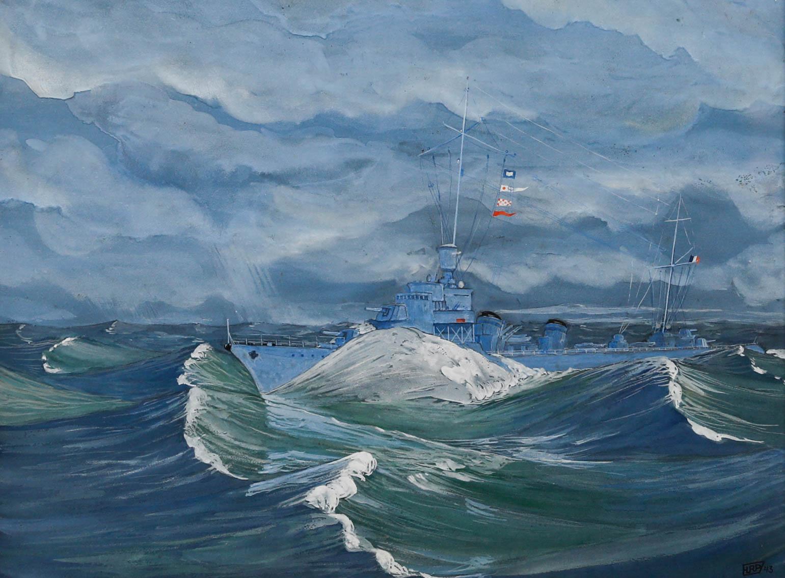 French School  1943 Gouache - Torpedo Boat in The Storm - Art by Unknown