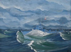 French School  1943 Gouache - Torpedo Boat in The Storm