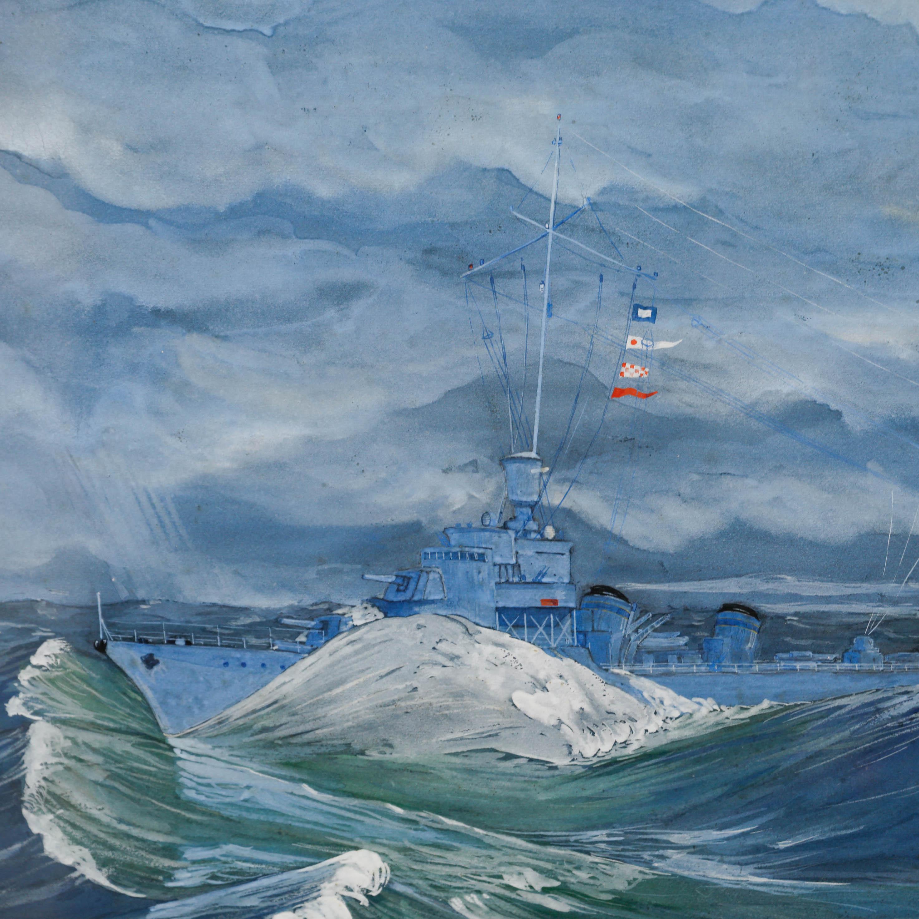 A dynamic nautical scene depicting a French Torpedo Boat fighting stormy weather. Monogrammed HRP and dated to the lower right. Presented in a painted gesso frame. On paper.