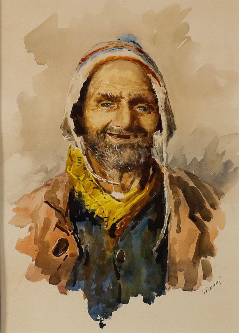 Gianni – Gerahmtes Aquarell der italienischen Schule des 20. Jahrhunderts, ein verwittertes Lächeln im Angebot 1