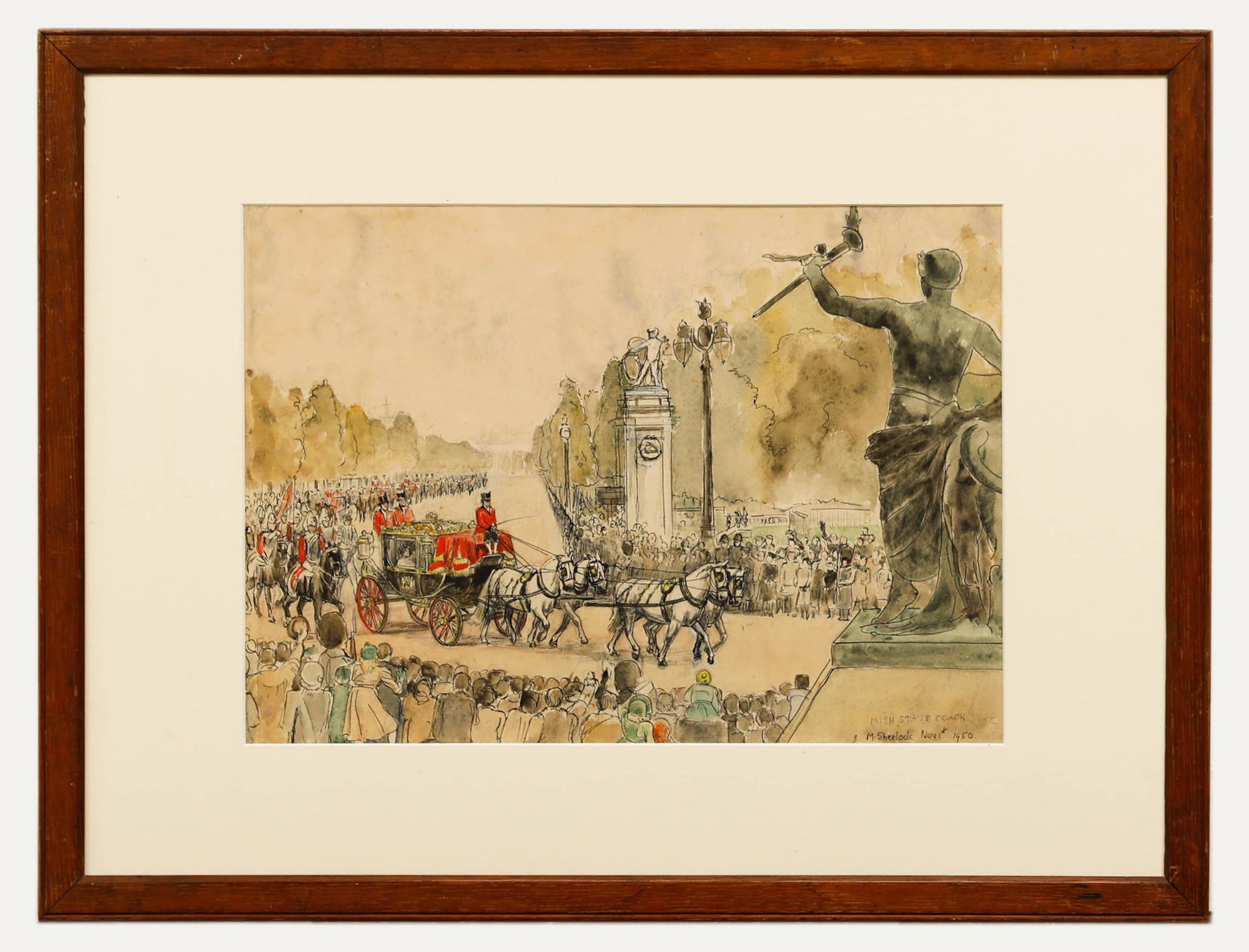 Figurative Art Unknown - Marjorie Sherlock (1897-1973) - 1950, aquarelle, Coach d'État irlandais