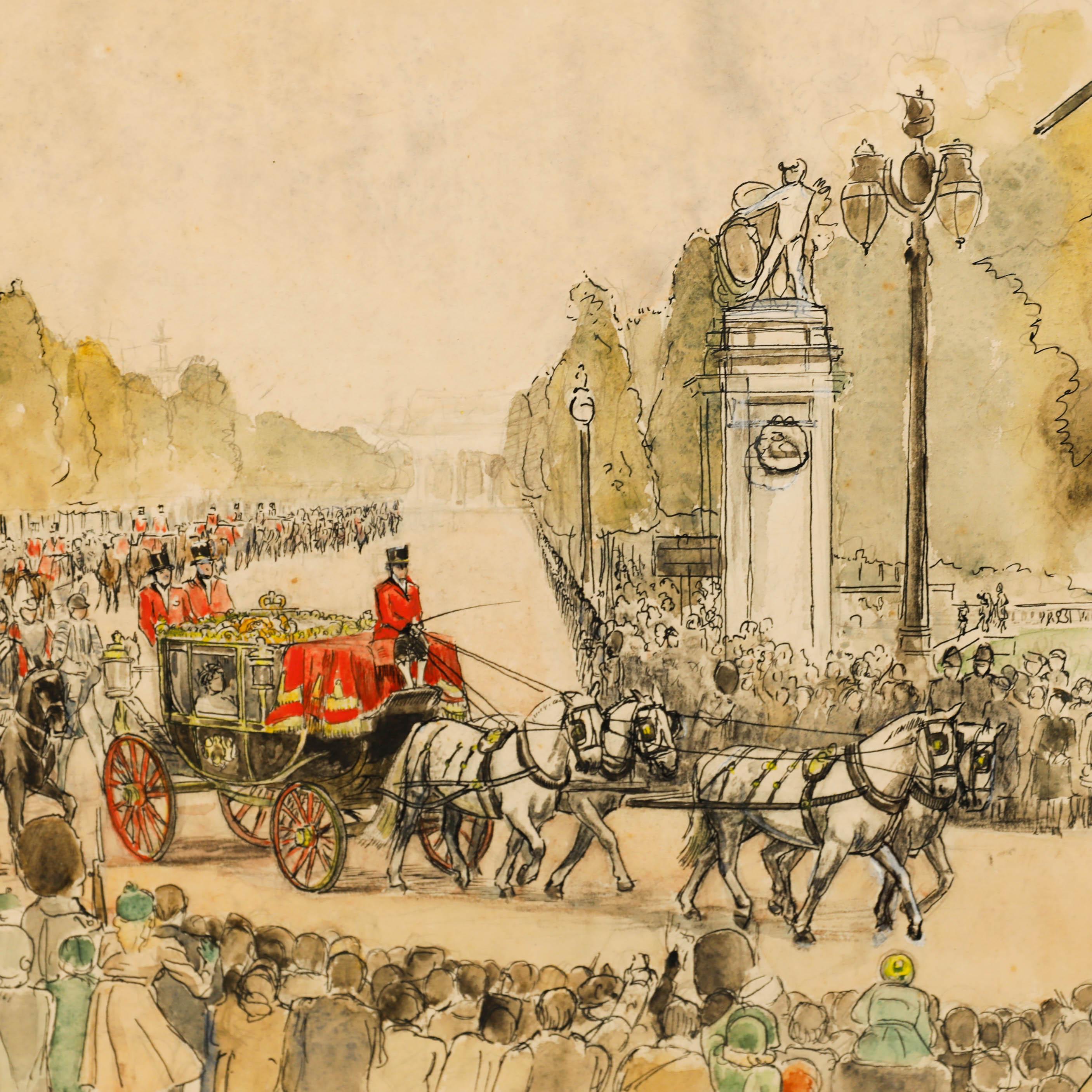 Cette aquarelle vibrante capture l'apparat d'une procession royale le long d'une avenue bordée d'arbres, avec des foules de spectateurs le long de la route. L'artiste équilibre habilement l'échelle grandiose de l'événement avec des détails intimes,