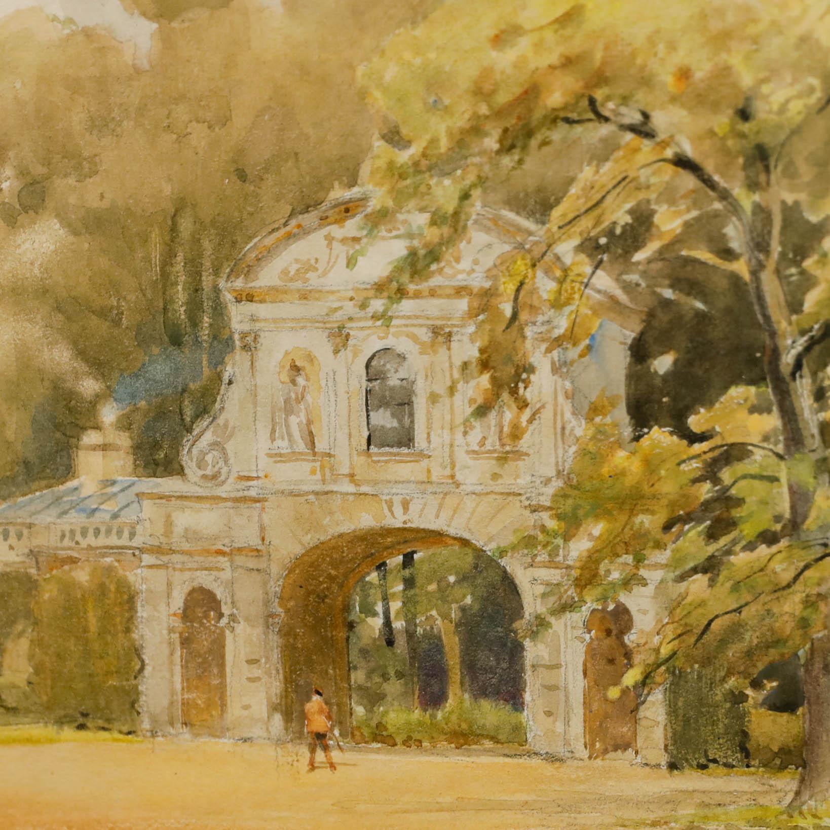 Une délicate aquarelle d'Alfred Henry Hart représentant la porte de Temple Bar dans le parc Theobalds. Bien présenté dans une monture à lavis et un cadre à effet doré. Non signée. Acquis avec un certain nombre d'œuvres signées par l'artiste. Sur le