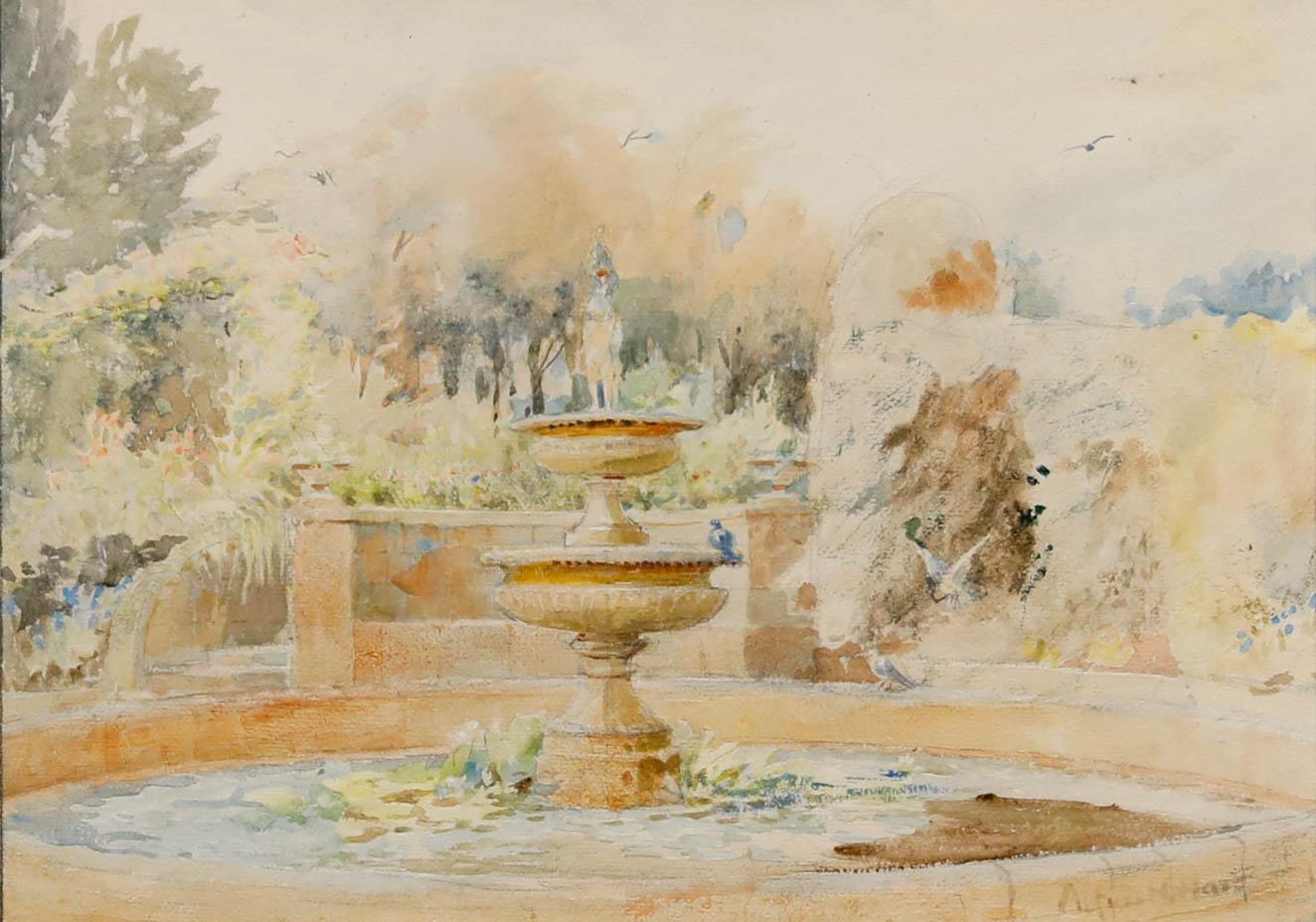 Alfred Henry Hart (1866-1953) - Aquarelle encadrée, The Fountain - Art de Unknown