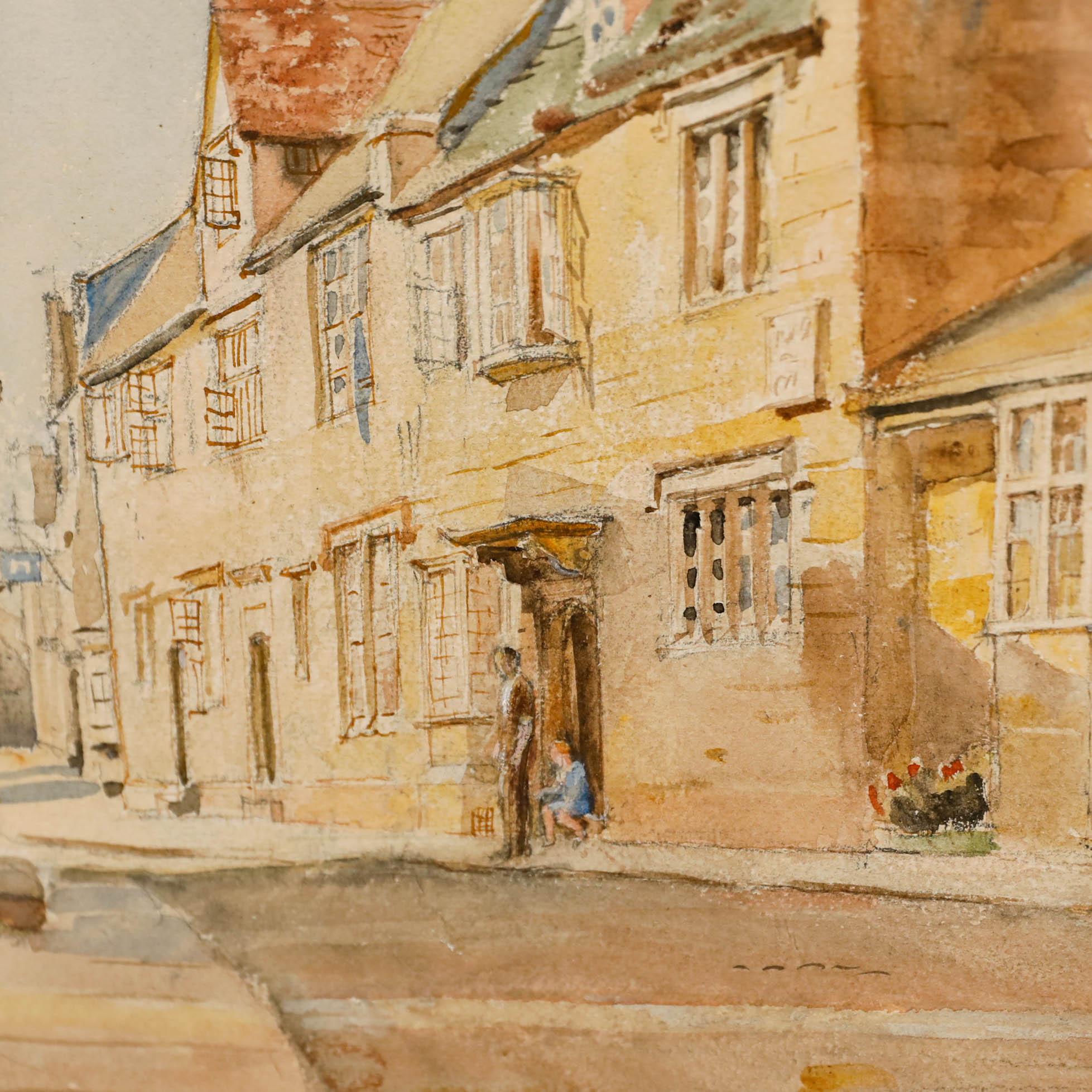 Un delicato studio ad acquerello di una strada di Chipping Campden di Alfred Henry Hart. Ben presentato in una montatura wash-line e in una cornice con effetto dorato. Firmato in basso a destra. Su carta acquerellata.