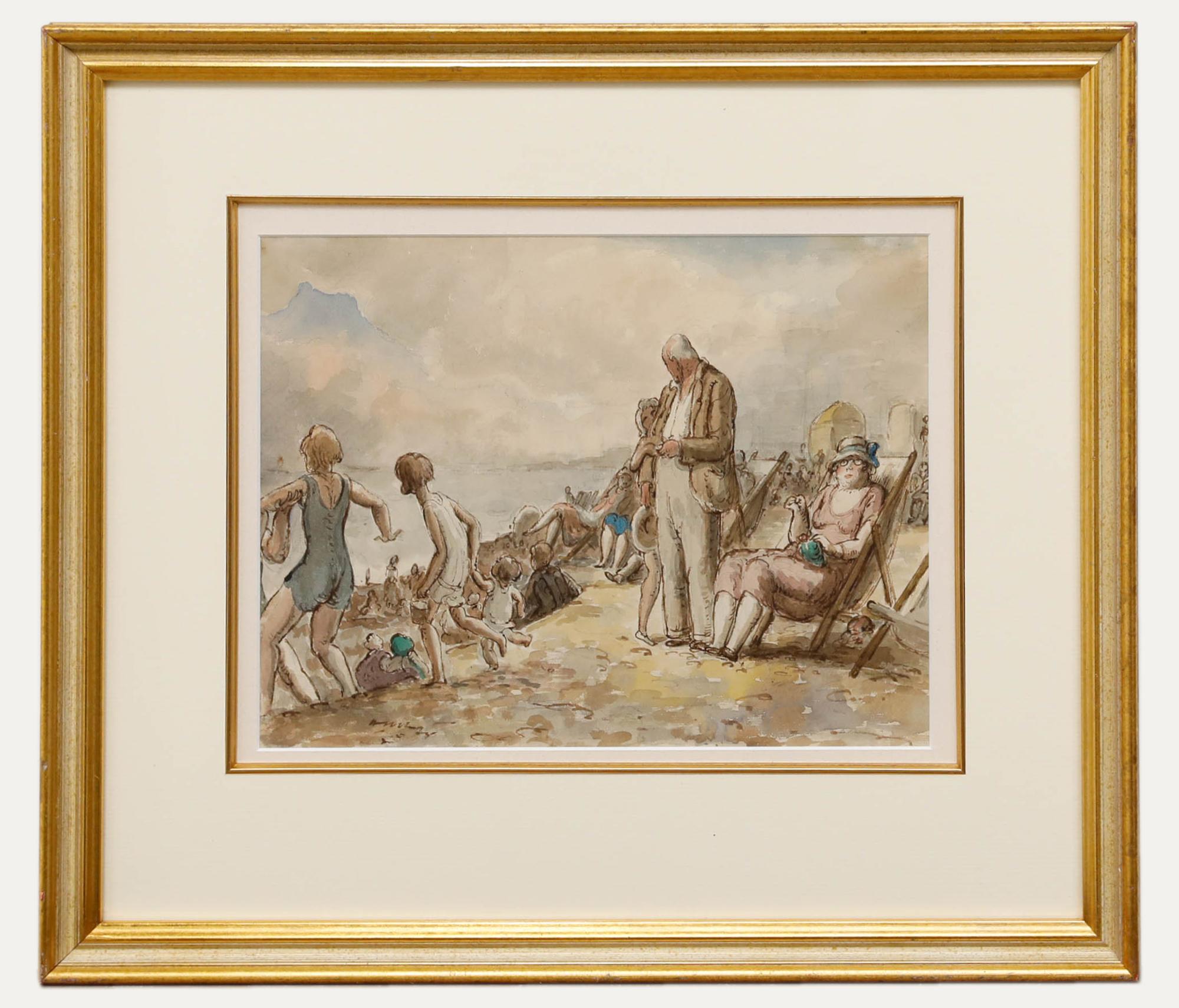 Un affascinante scorcio di vita vacanziera all'inizio del XX secolo: questa scena di spiaggia presenta personaggi di varie età che si godono una giornata al mare. Ben presentato in una cornice con effetto dorato. Senza segno. Sui posati. 