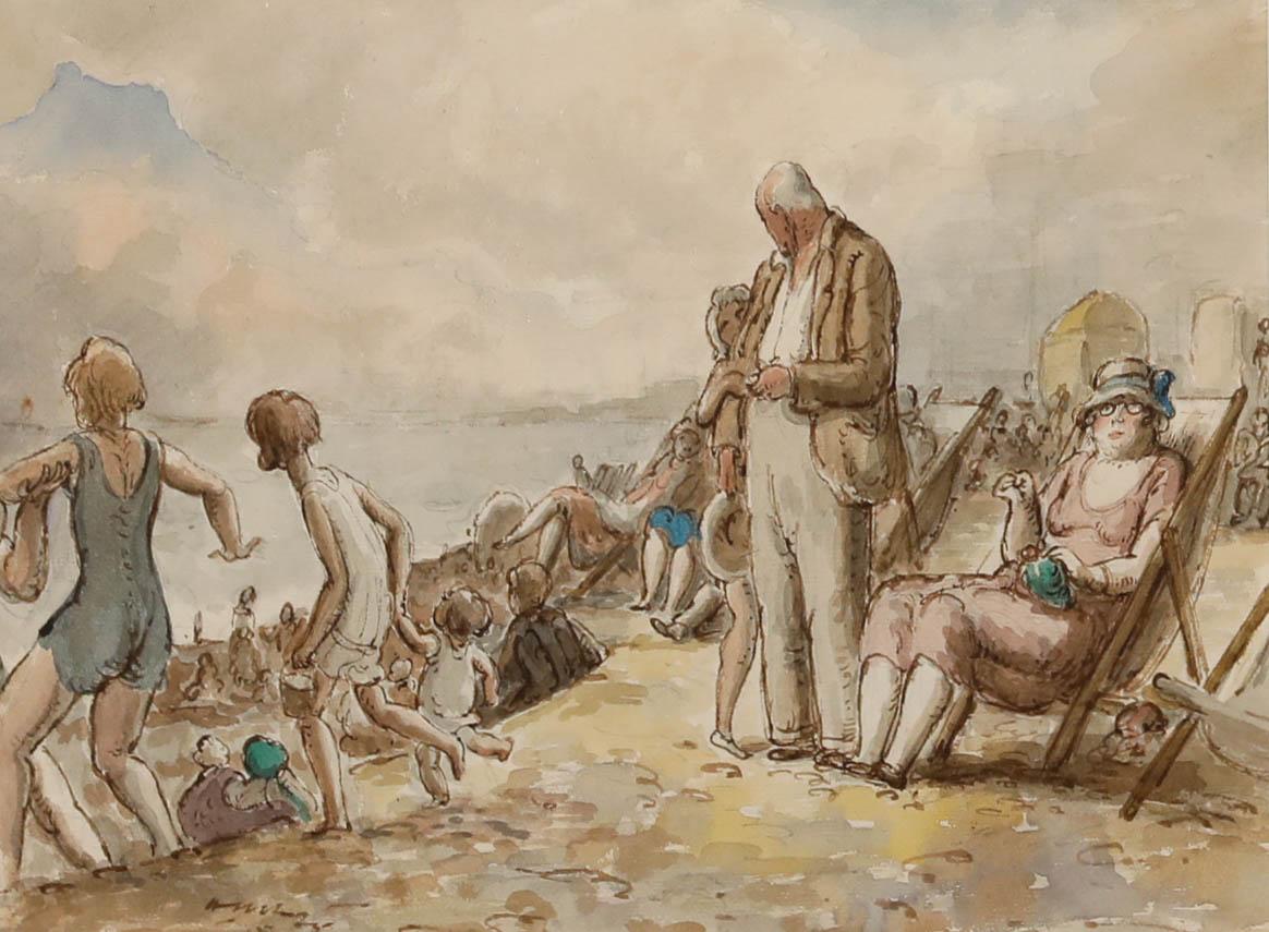 Harold Hope Read (1881-1959) - Incorniciato  Acquerello, Folla sulla spiaggia in vendita 1