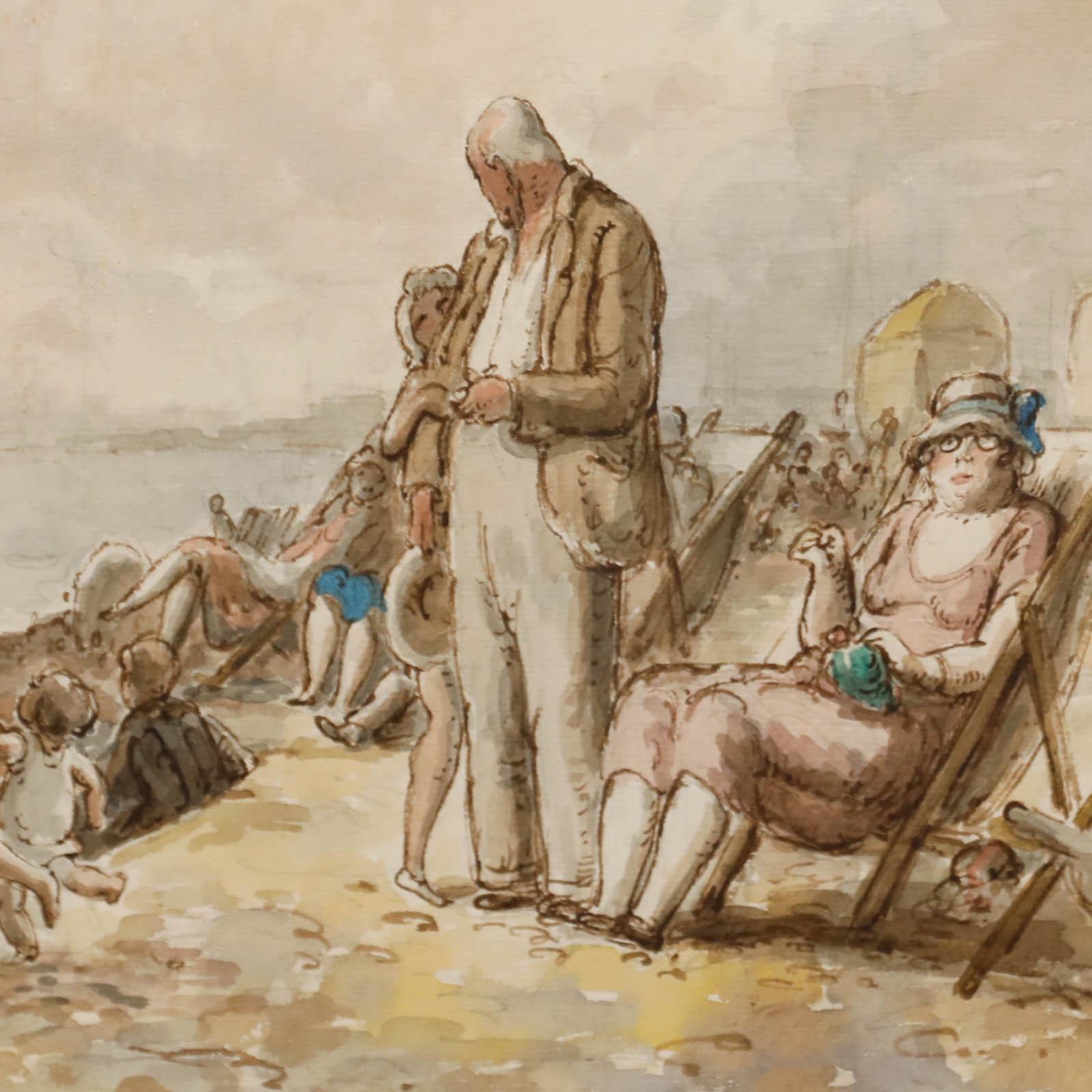 Harold Hope Read (1881-1959) - Incorniciato  Acquerello, Folla sulla spiaggia in vendita 3