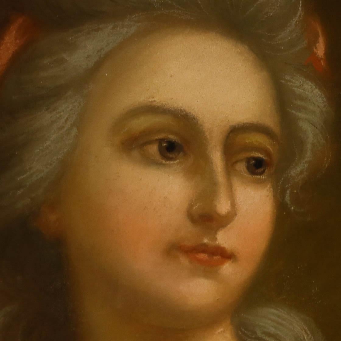 Ein romantisches Pastellporträt aus dem späten 18. Jahrhundert, das dem deutschen Porträtisten Johann Heinrich Wilhelm Tischbein zugeschrieben wird
(1751-1829). Exquisit präsentiert in seiner ursprünglichen Goldholz Rahmen mit Lorbeer und Beeren