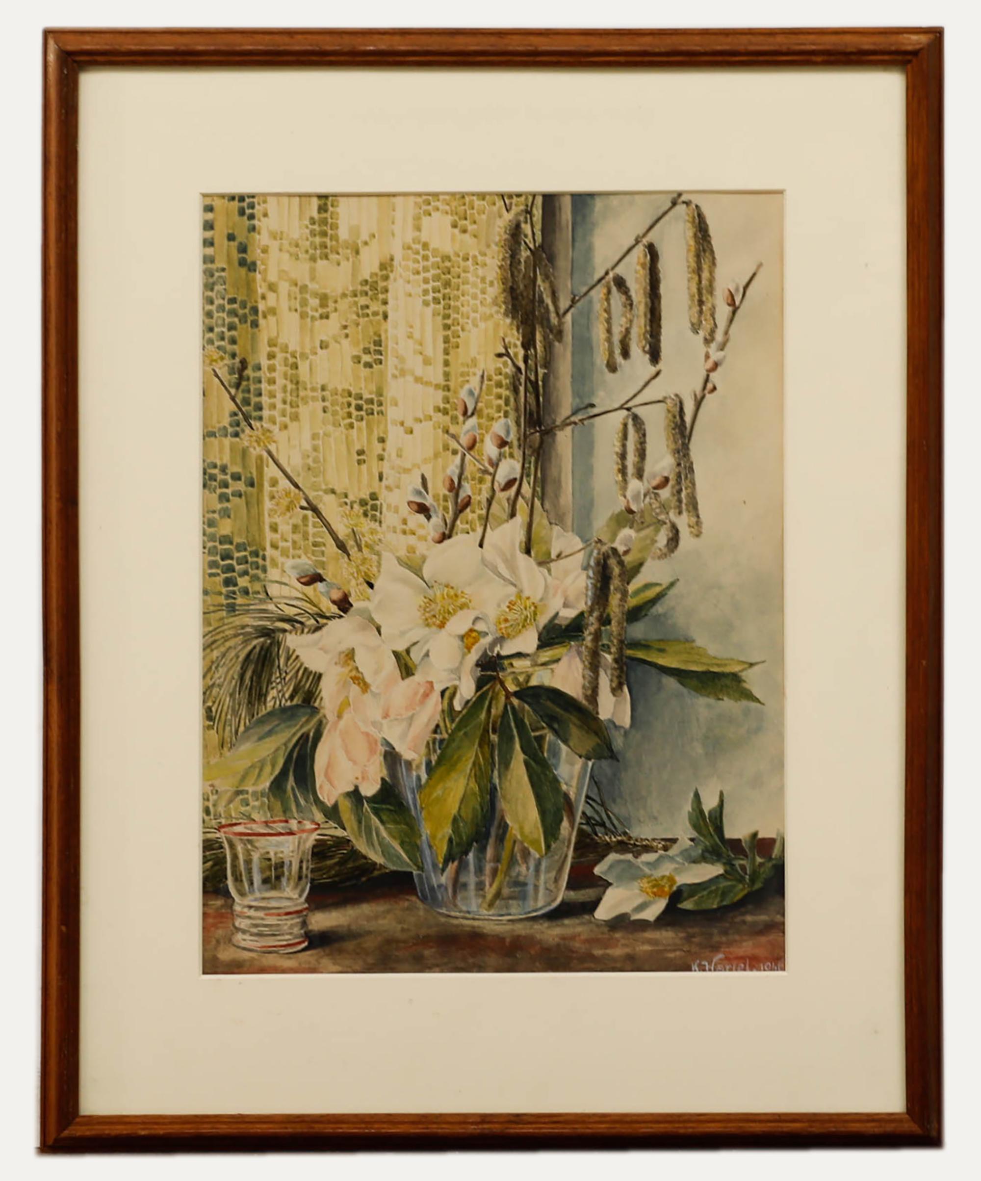 Unknown Still-Life - K. Hartel - Framed Mid 20th Century Watercolour, Still Life of Magnolia Flowers