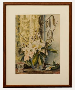 K. Hartel - Acuarela de mediados del siglo XX enmarcada, Naturaleza muerta de flores de magnolia