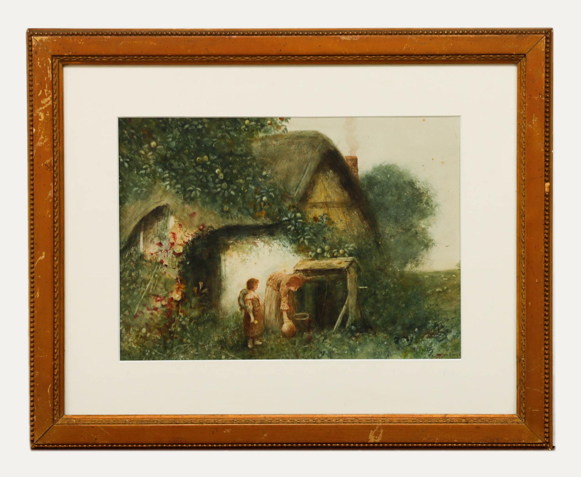 Ein sehr schönes Aquarell der Englischen Schule, das eine Mutter und eine Tochter zeigt, die Wasser aus einem Brunnen holen. Auf der linken Seite des Bildes wachsen rosafarbene Stockrosen in die Höhe, während ein wuchernder Apfelbaum das Strohdach
