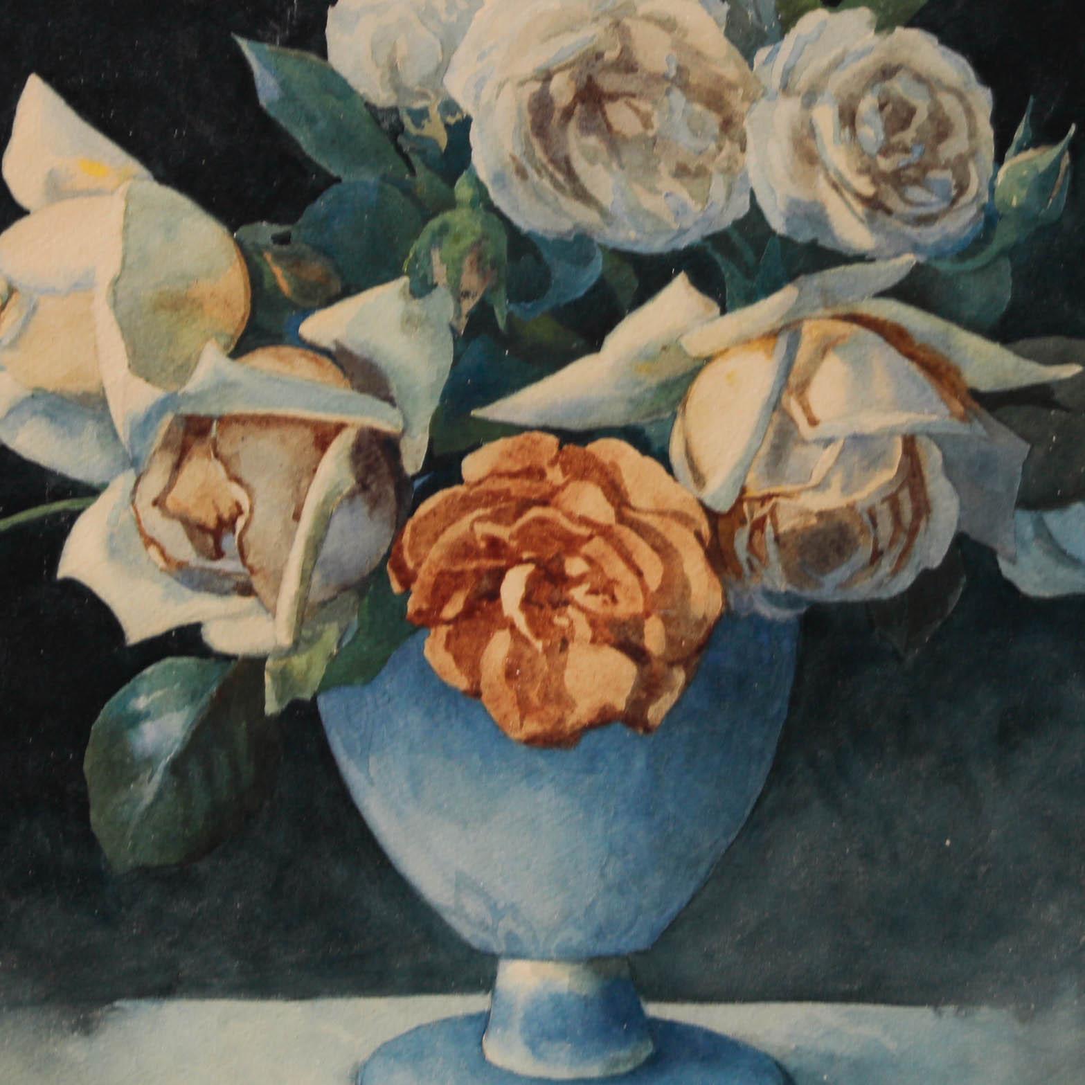 A delightful still life painting of pale roses in a goblet vase, set against a deep blue background. The delicate petals and lush green leaves are rendered with exquisite detail. Well presented in a circular mount and gilt frame. Signed 'A.