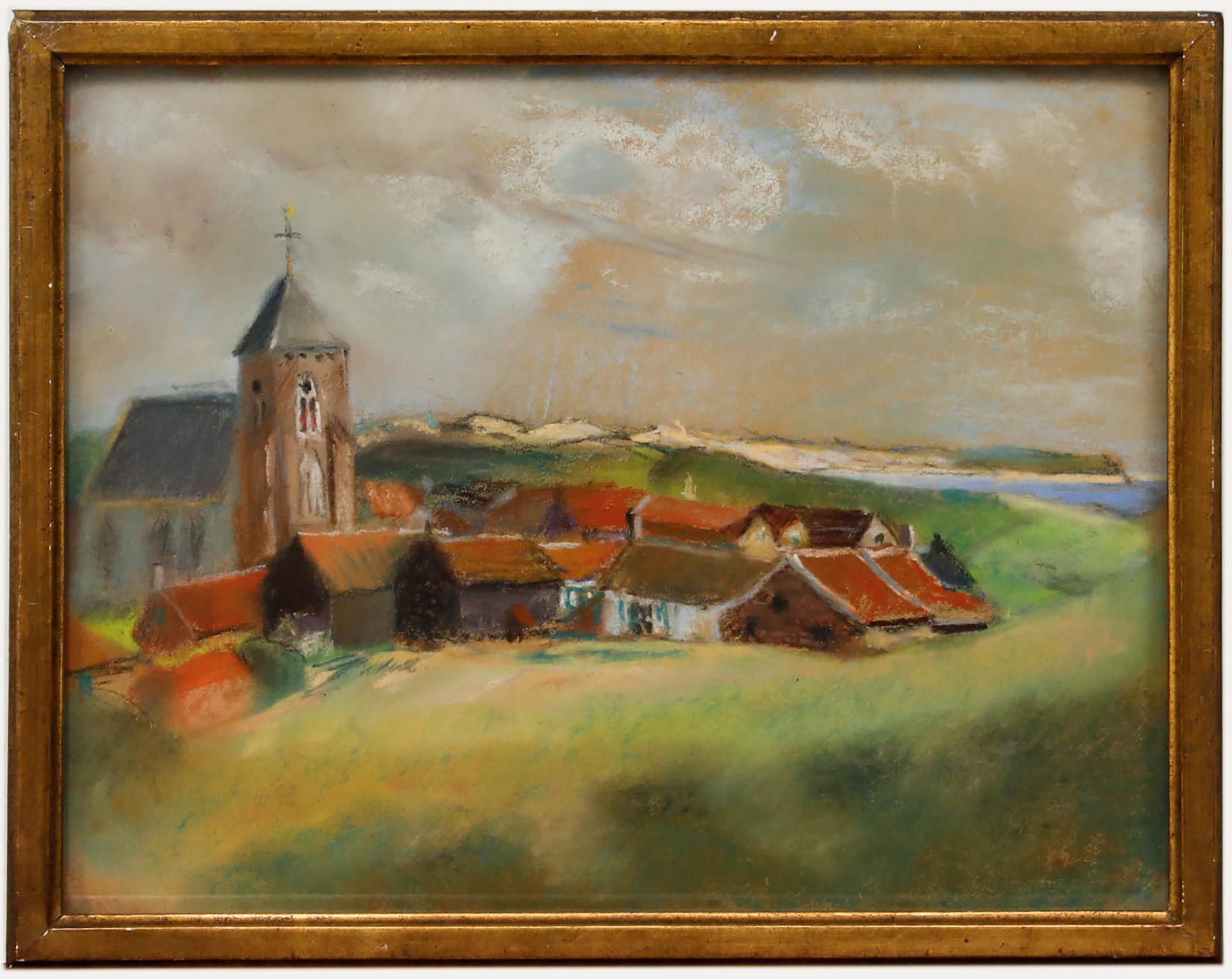 Unknown Landscape Art – Cecile Hertz-Eyrolles (1875-1974) - Gerahmtes Pastell, Ein Küstenhamlet