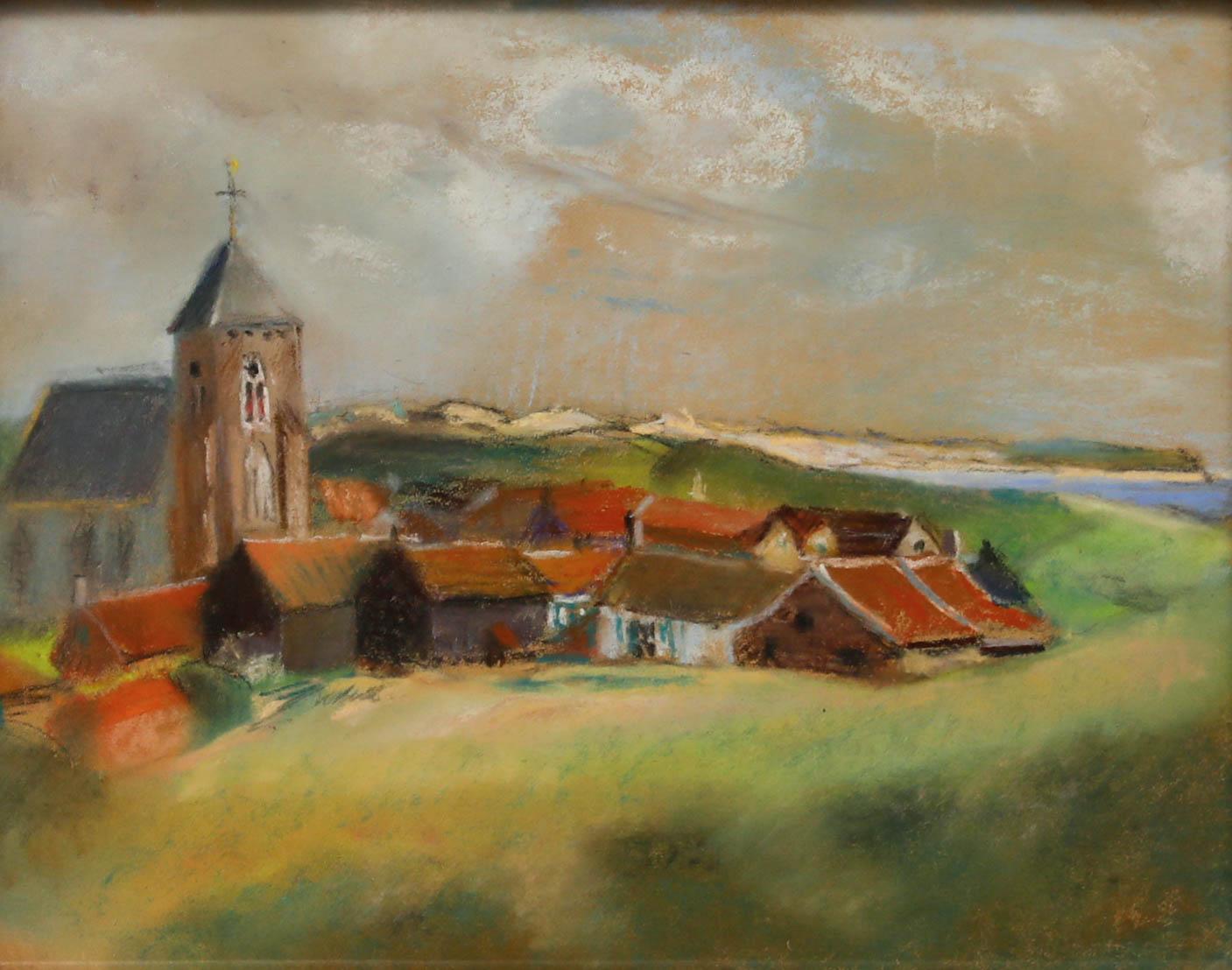 Cecile Hertz-Eyrolles (1875-1974) - Gerahmtes Pastell, Ein Küstenhamlet – Art von Unknown