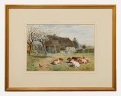 William Foster (1853-1924) - Acquerello incorniciato, Vitelli in un prato, inizio primavera