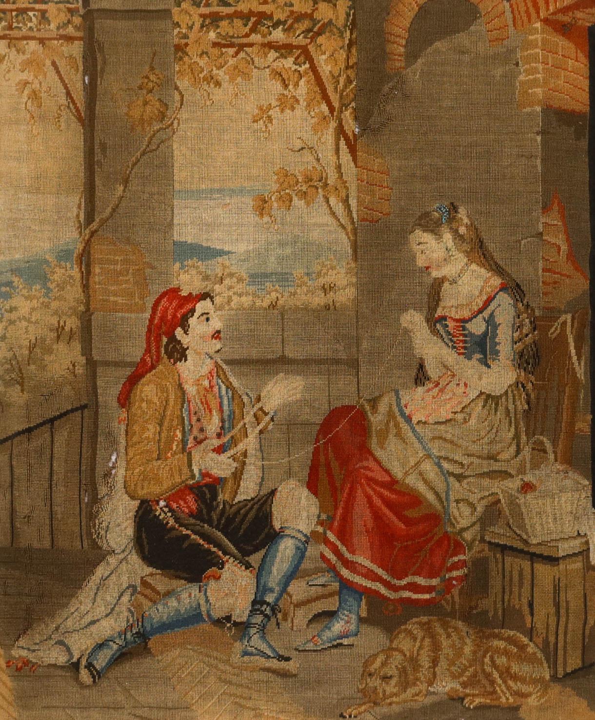 Una escena encantadora que representa a dos amantes en una torre enrollando juntos la seda. Sin firmar. Presentado en un marco dorado. Sobre el algodón.