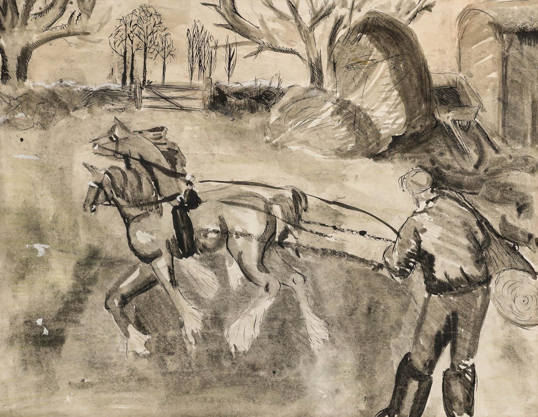 Dessin à la plume et à l'encre encadré du milieu du 20e siècle - Débroussaillage de bois - Art de Unknown