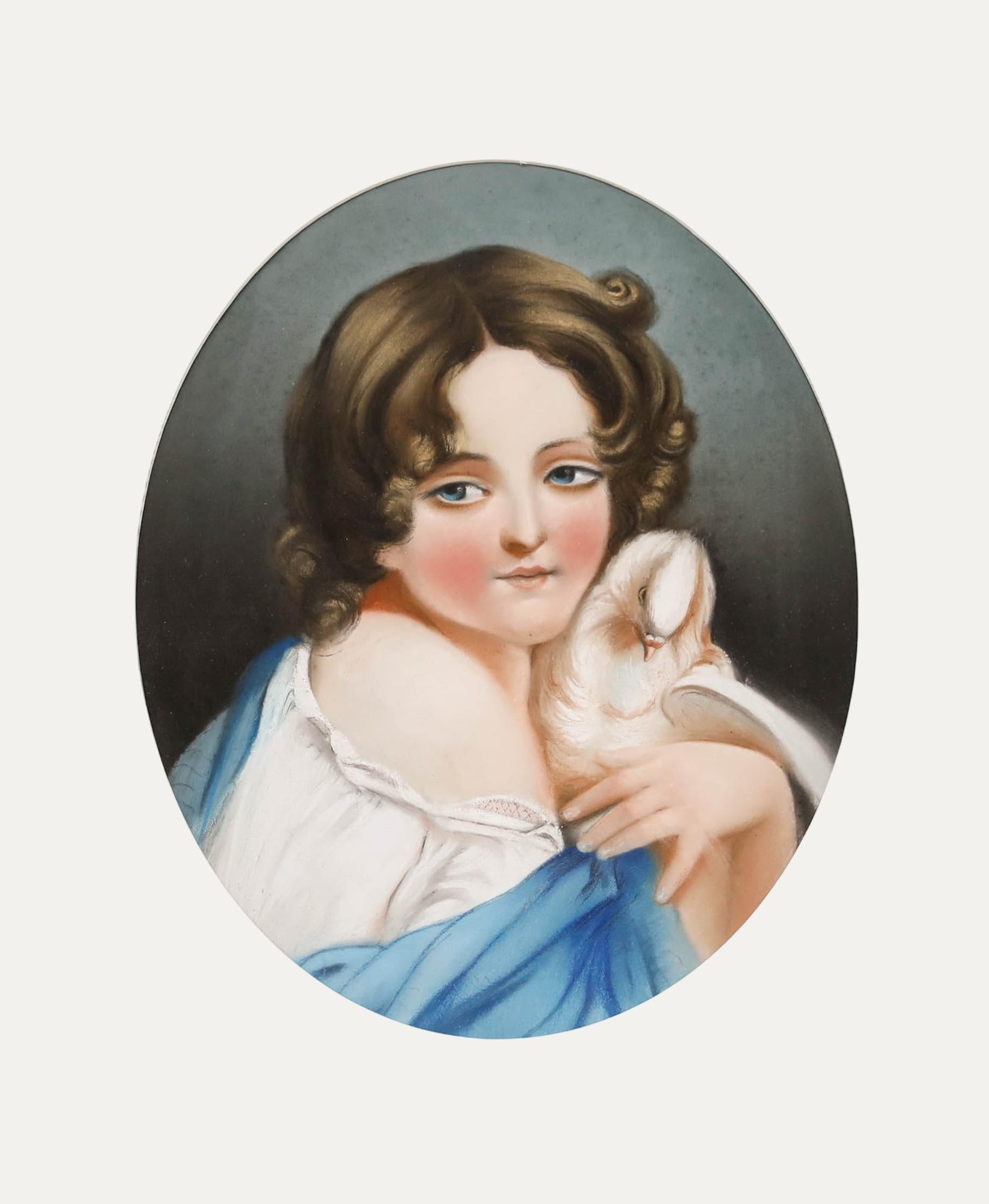 Portrait de Unknown - Pastel del siglo XIX - Niña y su paloma