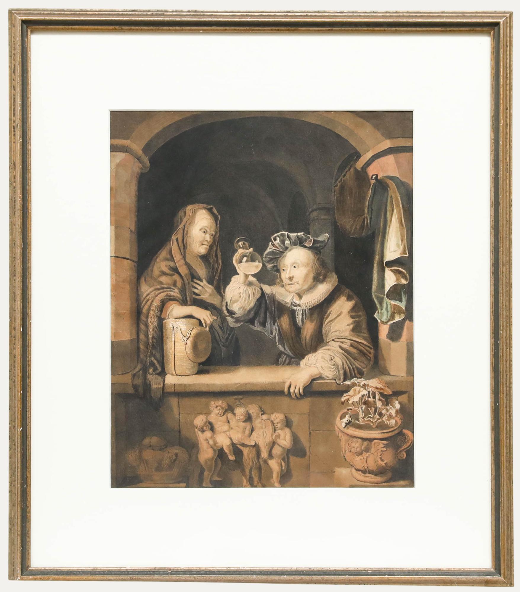 Figurative Art de Unknown - Manera de Gerrit Dou (1613-1675) - Acuarela enmarcada, La visita de un médico