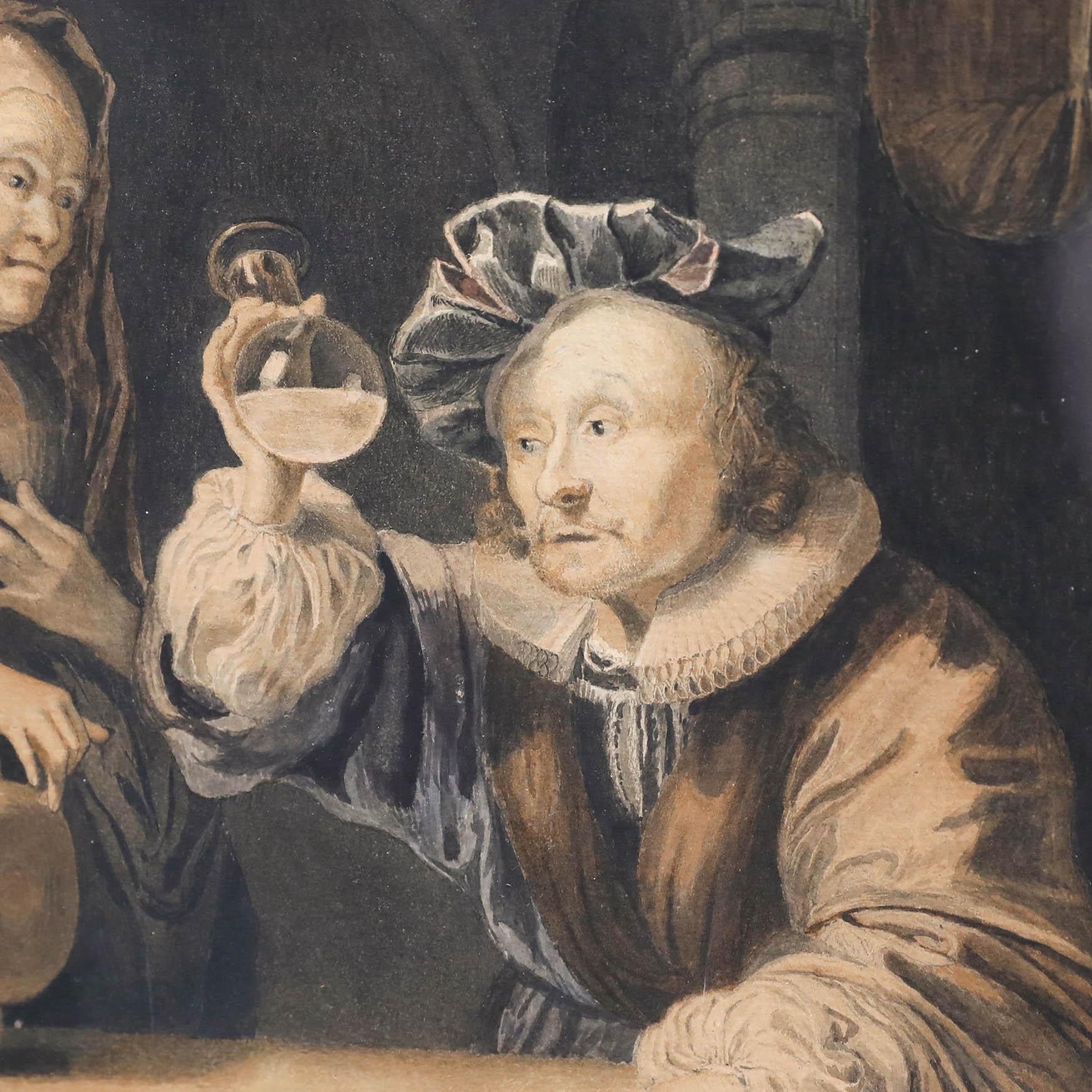 Manera de Gerrit Dou (1613-1675) - Acuarela enmarcada, La visita de un médico - Figurative Art Beige de Unknown