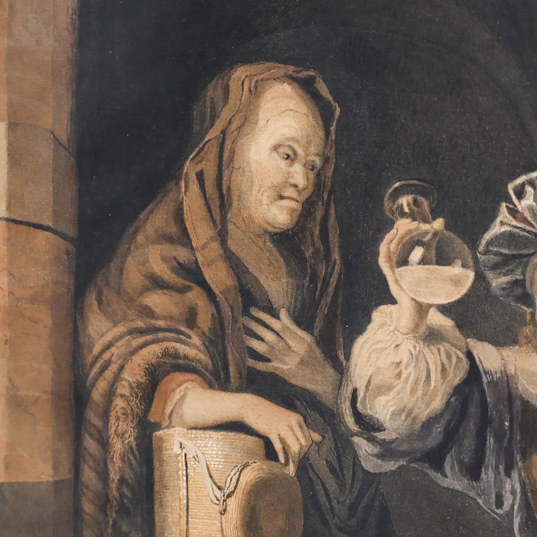 Acuarela al gouache con carácter que representa a un médico y su ayudante, a la manera del artista holandés del Siglo de Oro Gerrit Dou (1613-1675). Dou era conocido por sus escenas de género a la luz de las velas.

Presentado en un marco de efecto
