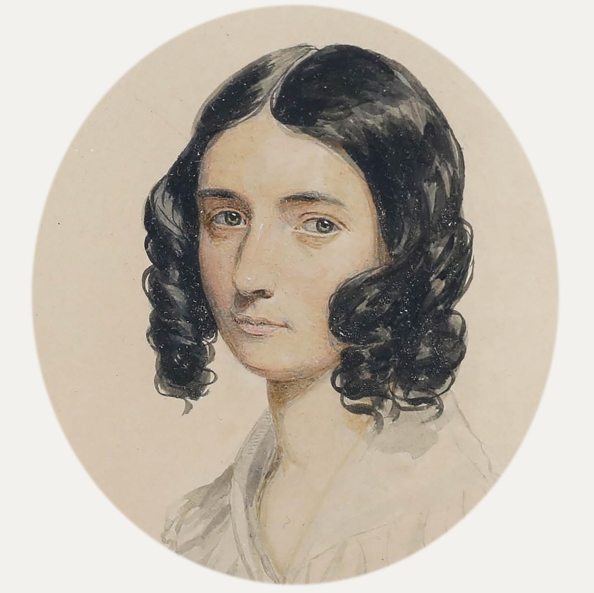 English School Early 19th Century Watercolour - Dark Haired Beauty - Beige Portrait by Unknown