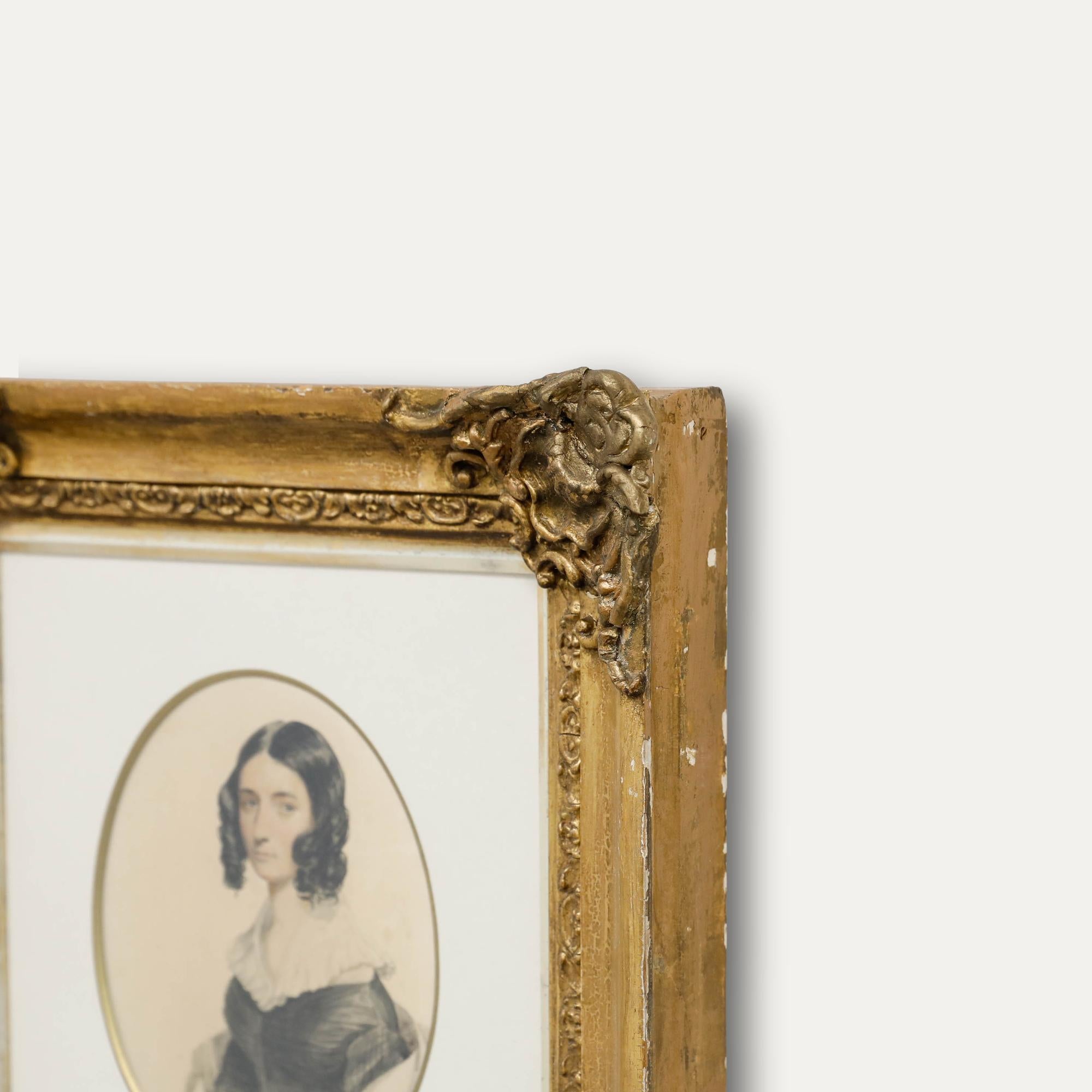 This elegant oval portrait captures a young woman in 19th century attire, her dark curls framing a delicate face turned slightly towards the viewer. The subject's elegant gown and composed expression evoke the refined sensibilities of the