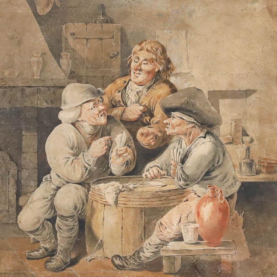 Acuarela enmarcada de finales del siglo XIX - Una partida de cartas - Art de Unknown