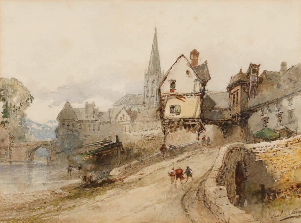Paul Marny (1829-1914) - Acuarela enmarcada, Ciudad ribereña en venta 1
