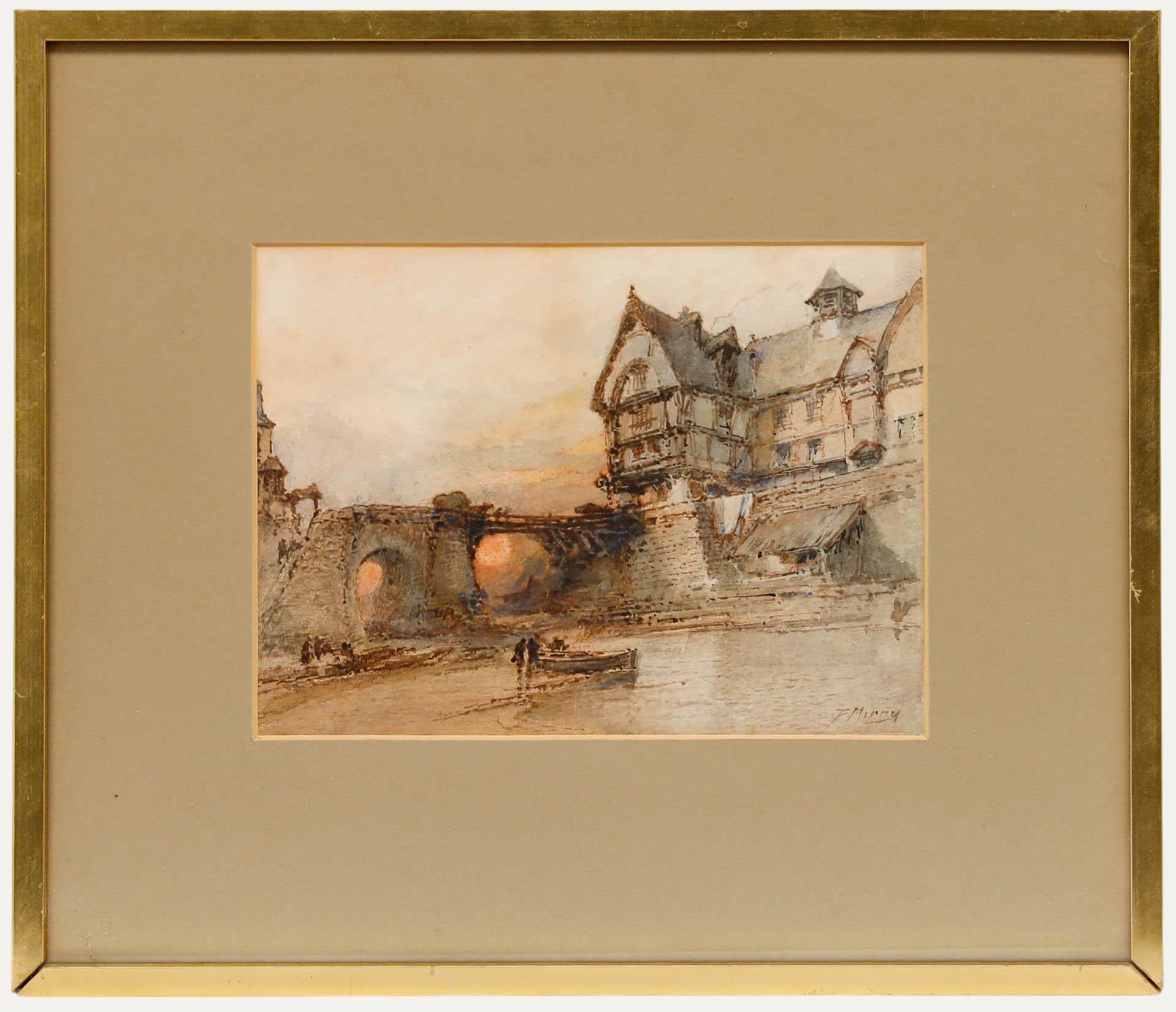 Landscape Art Paul Marny - Paul Marni (1829-1914) - Aquarelle encadrée, Bateau au bord du pont
