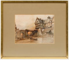 Paul Marny (1829-1914) - Acuarela enmarcada, Barco fluvial junto al puente