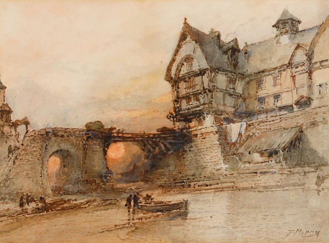Paul Marni (1829-1914) - Aquarelle encadrée, Bateau au bord du pont - Art de Paul Marny