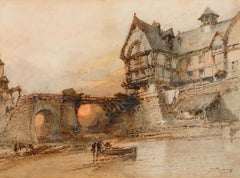 Paul Marny (1829-1914) - Framed Watercolour, River Boat by the Bridge