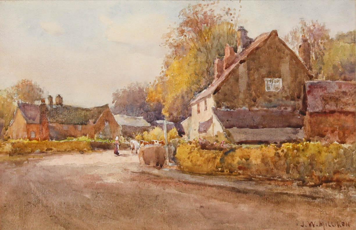 Joseph William Milliken (1865-1945) - Gerahmtes Aquarell, Herden von Rindern im Angebot 1